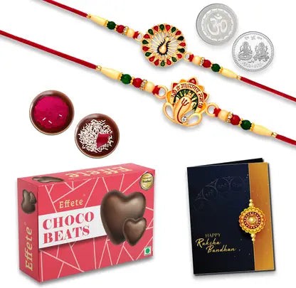 Rakhi Gift Combo With 2 Traditional Rakhis For Brother  Includes Choco Beats Box 2 Silver Coins Roli Chawal  Greeting Card Rakhi Gift Combo With 2 Traditional Rakhis For Brother  Includes Choco Beats Box 2 Silver Coins Roli Chawal  Greeting Card